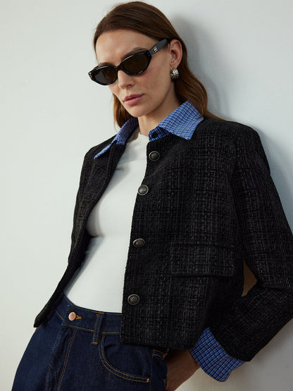 Plaid-Collar Short Jacket