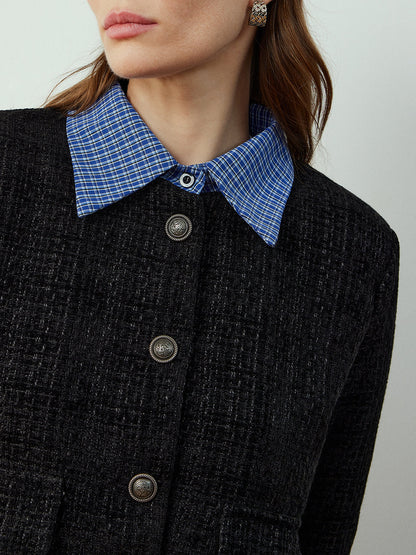 Plaid-Collar Short Jacket