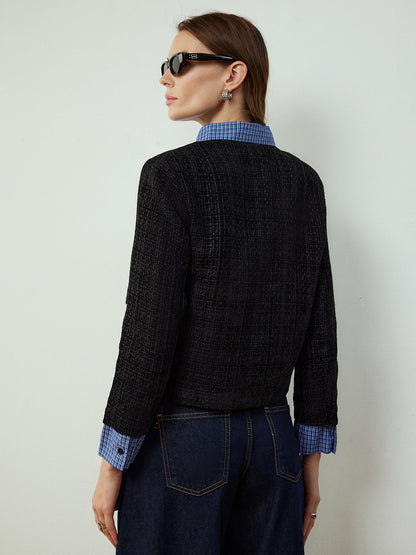 Plaid-Collar Short Jacket