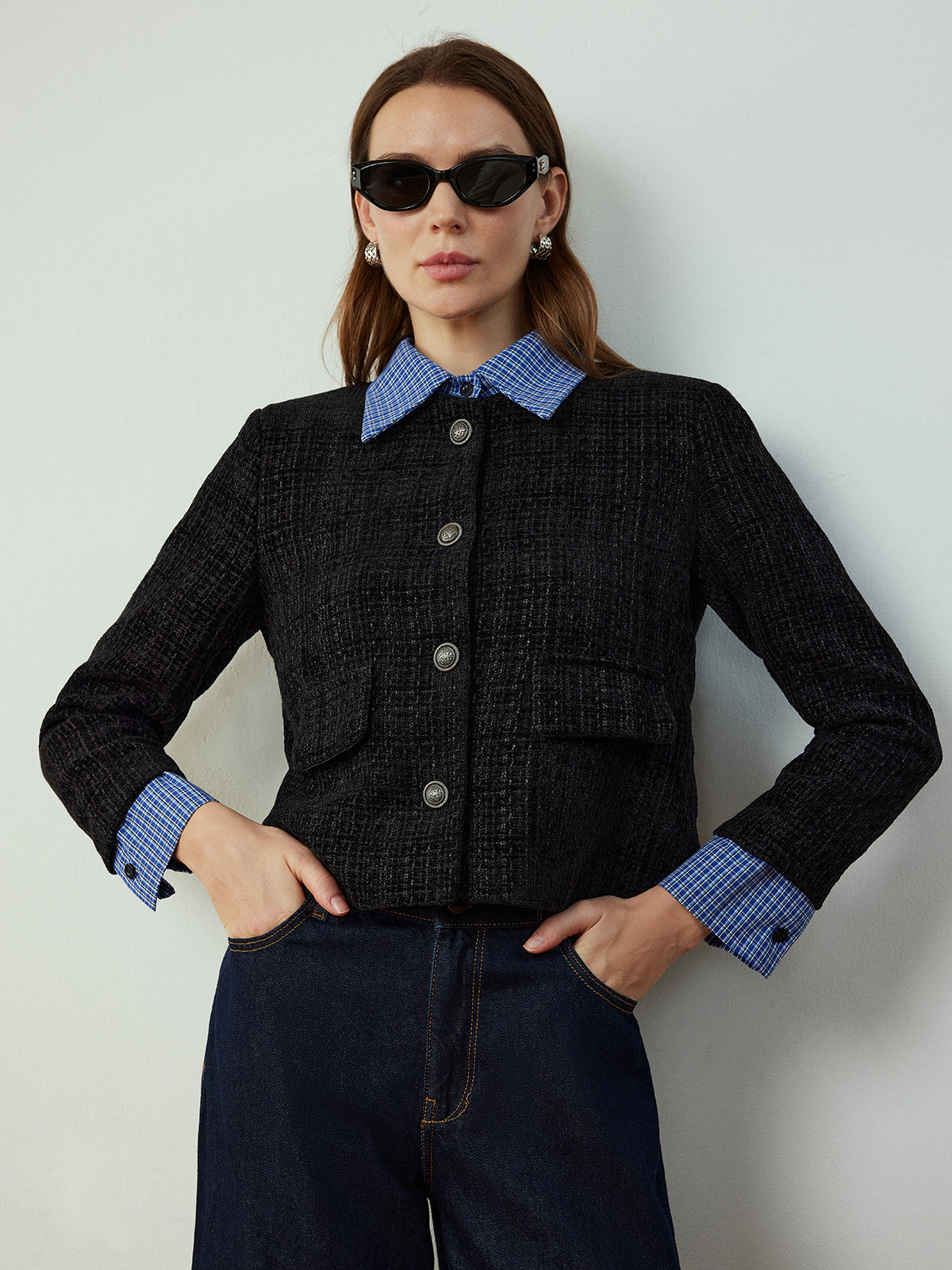 Plaid-Collar Short Jacket