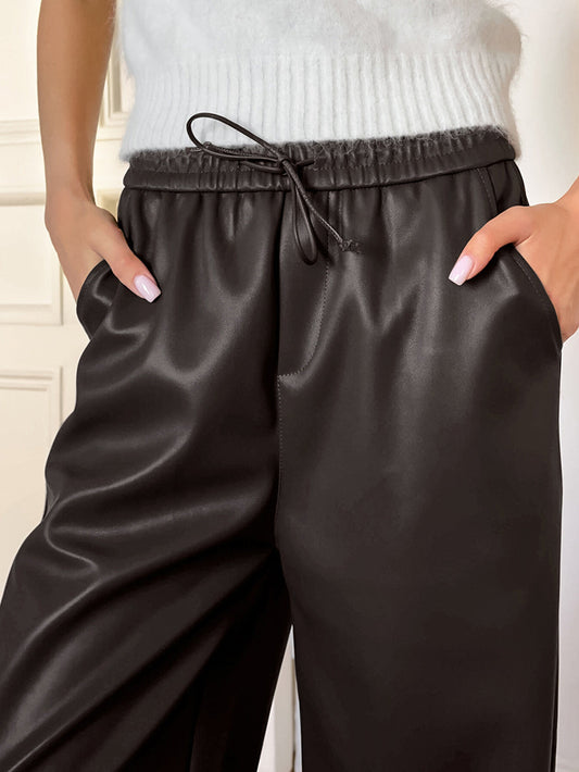 Elastic Waist Drawstring Faux Leather Pants