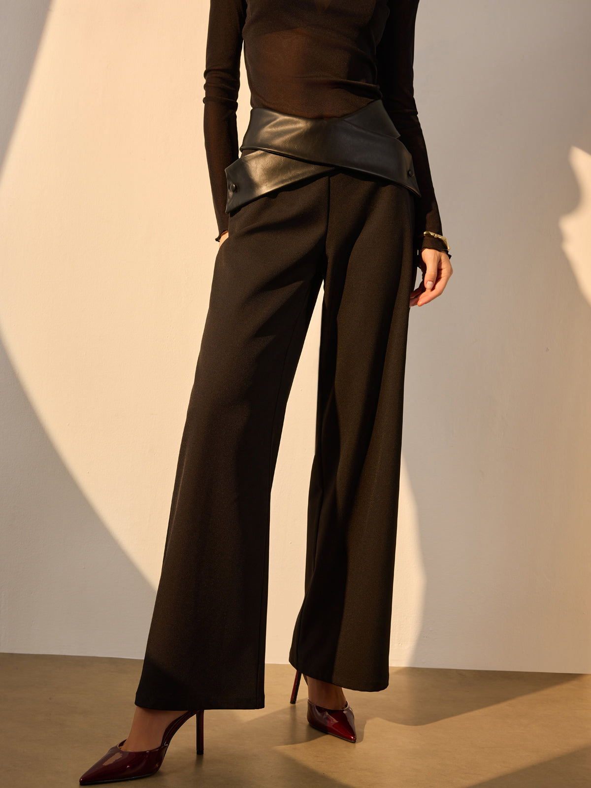 Criss Cross Faux Leather Panel Pants