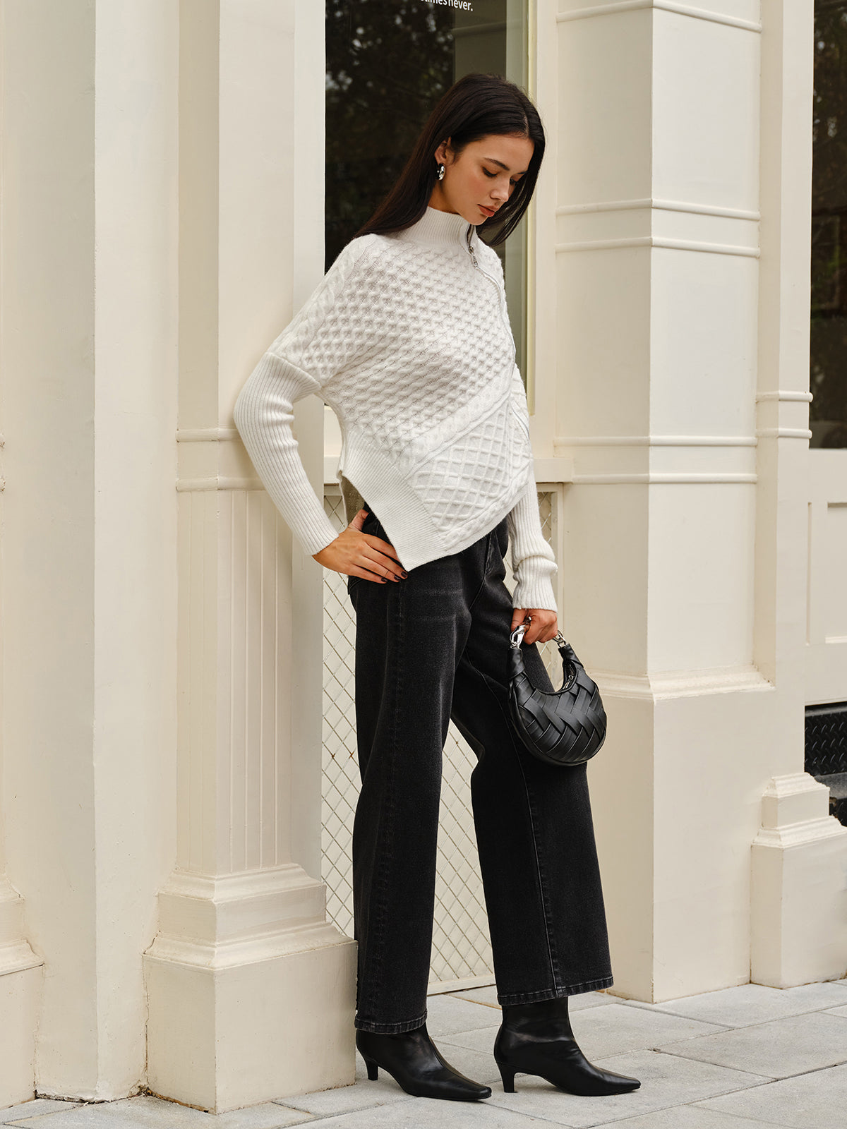 Asymmetrical Mock-Neck Zipper Sweater