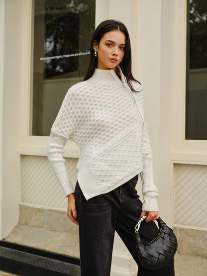 Asymmetrical Mock-Neck Zipper Sweater