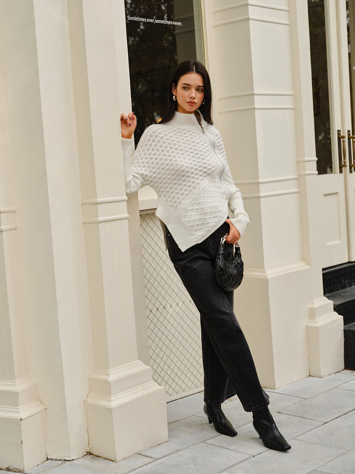 Asymmetrical Mock-Neck Zipper Sweater