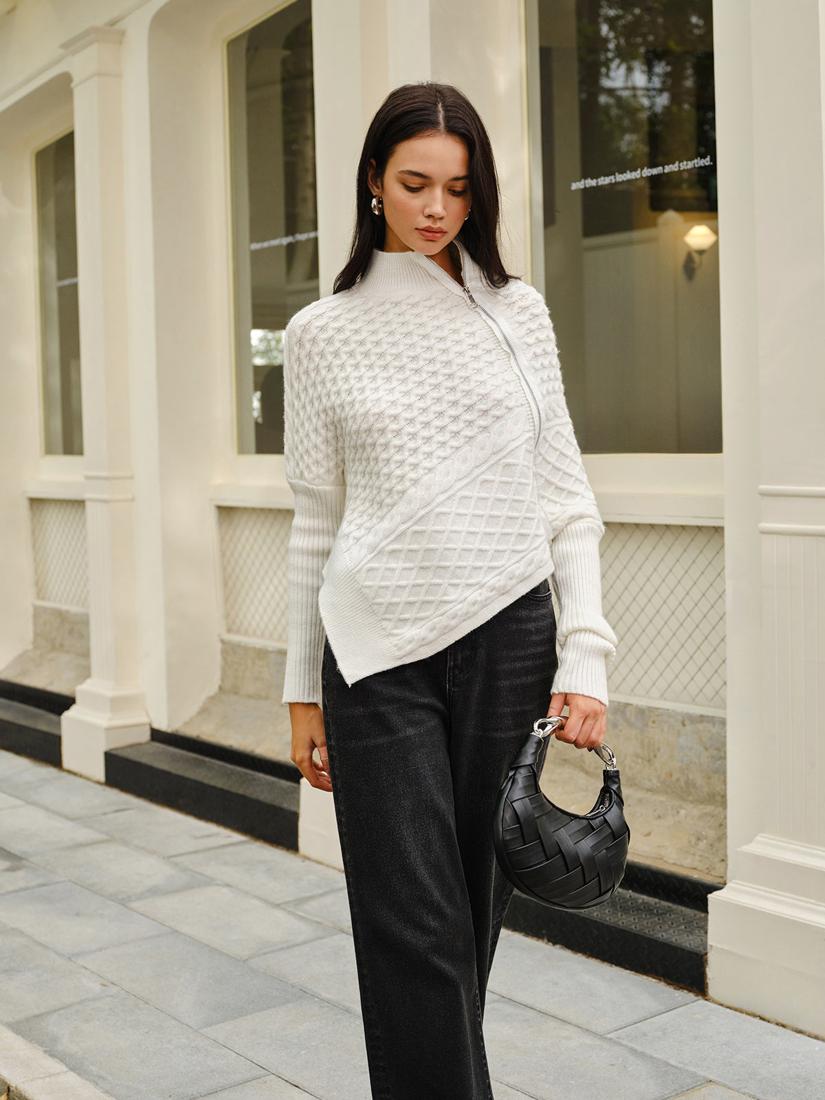 Asymmetrical Mock-Neck Zipper Sweater