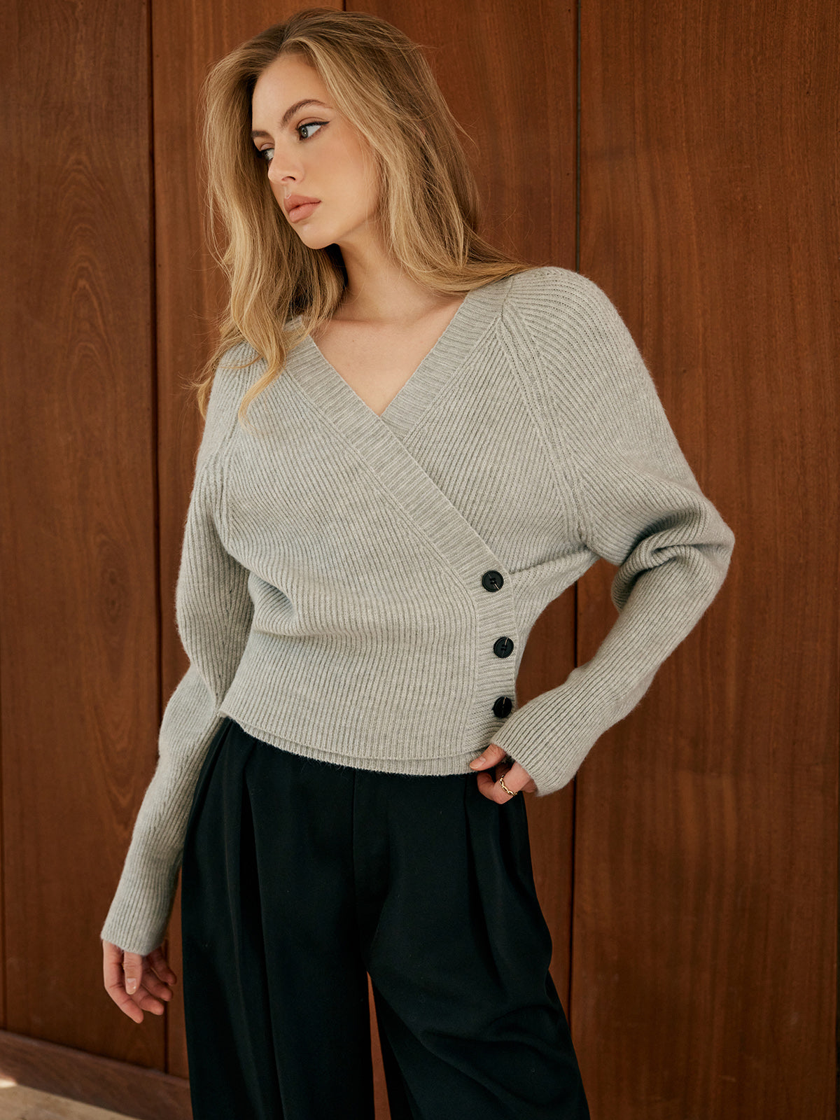 Button Wrap Slim Sweater