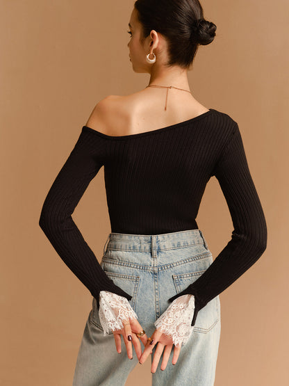 Asymmetrical Lace-Cuff Slim Sweater