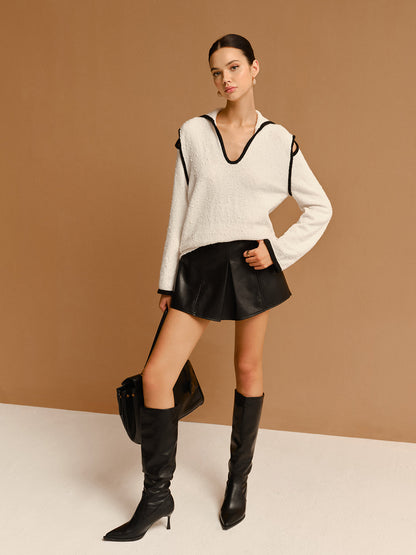 Contrast Trim Cutout Lapel Sweater