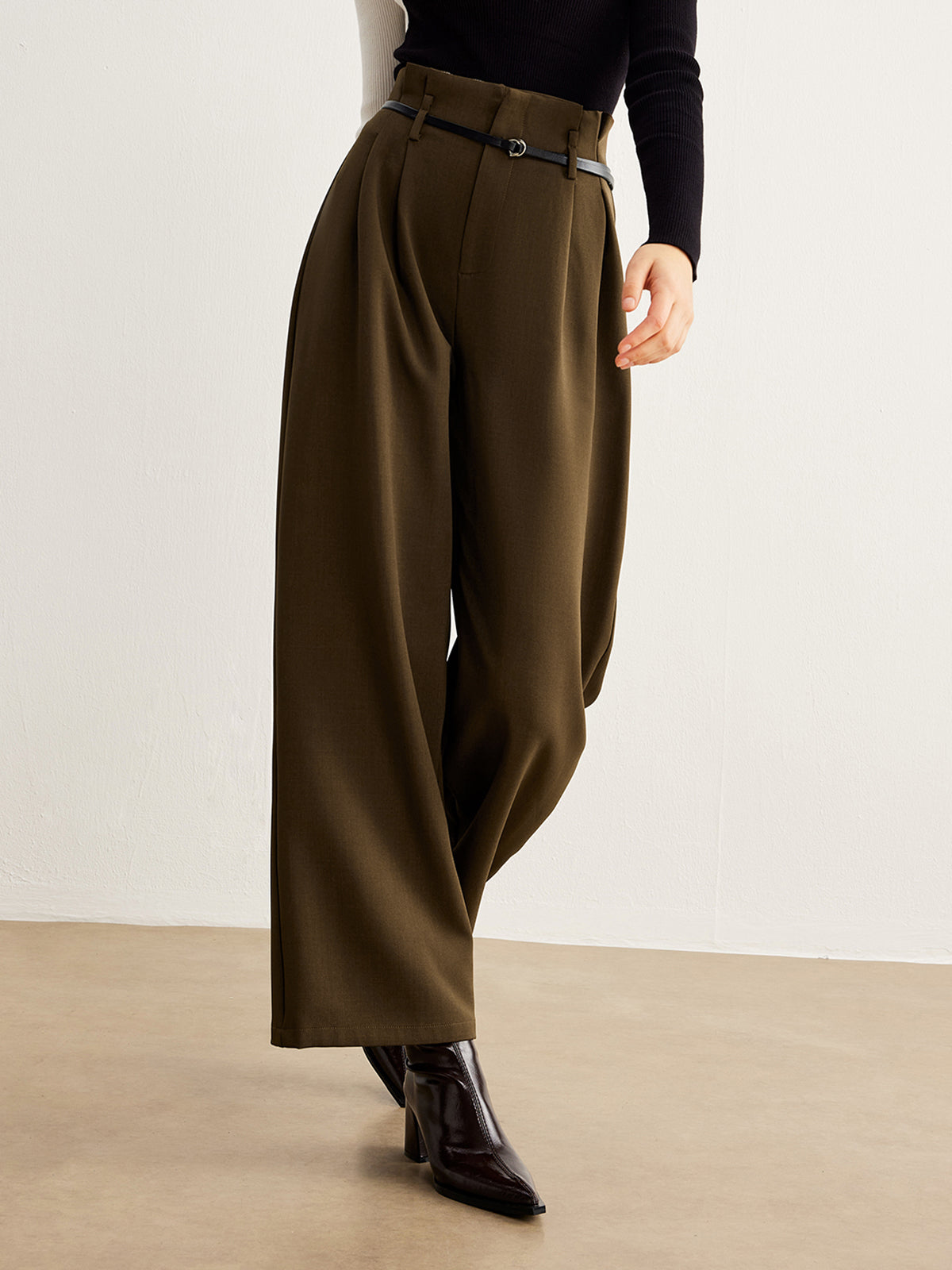 Slim-Belt Pleated Pants