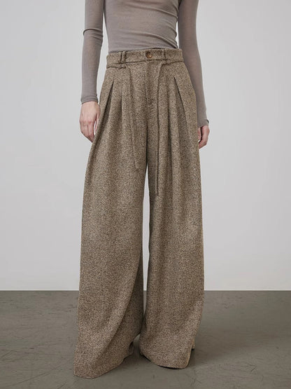 Mid-Waist Tweed Pleated Wide-Leg Pants