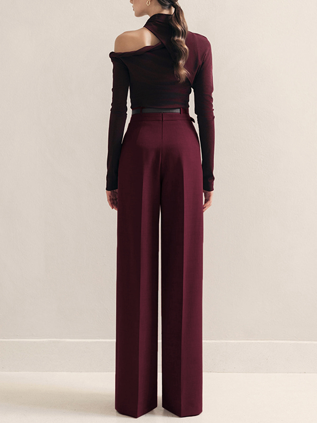 Metal-Belt Pleated High-Waist Pants