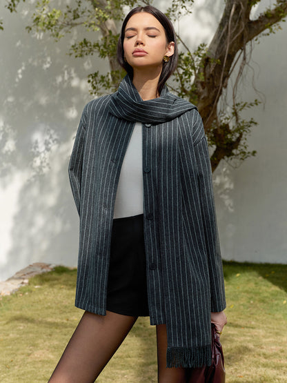 Pinstripe Button Blazer With Tassel Scarf