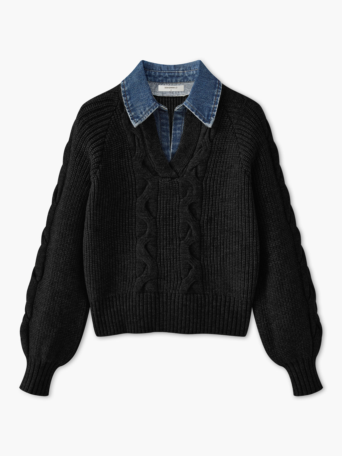 Denim Panel Ribbed Lapel Sweater