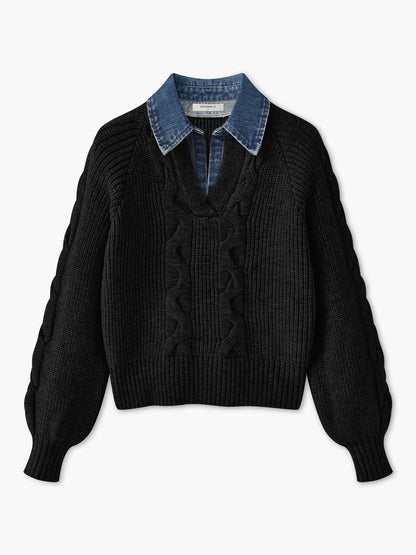 Denim Panel Ribbed Lapel Sweater