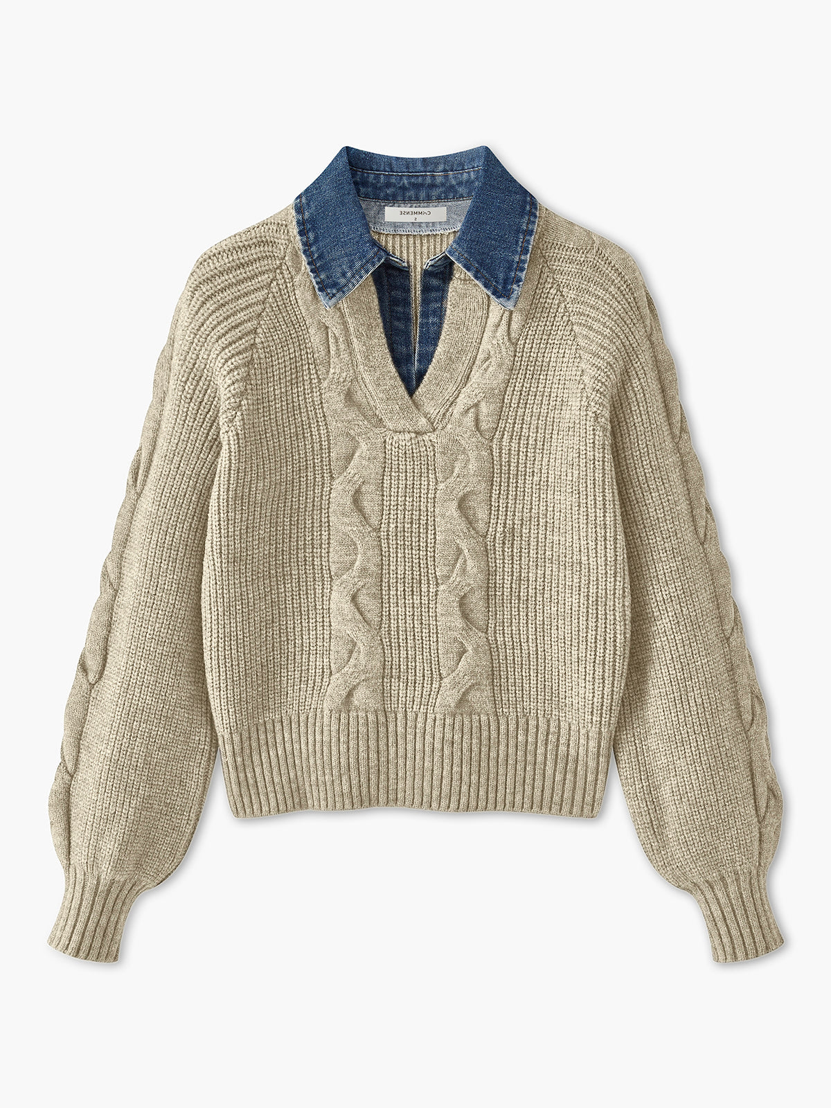 Denim Panel Ribbed Lapel Sweater