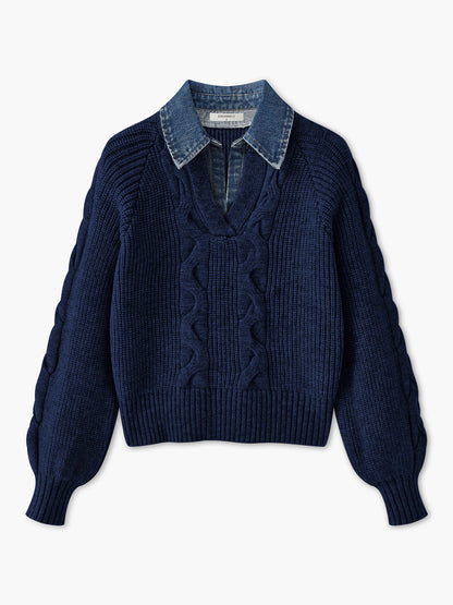 Denim Panel Ribbed Lapel Sweater