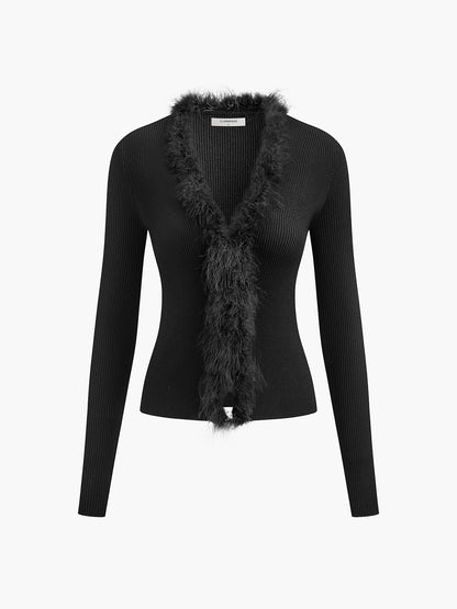 Feather Trim Wool-Blend Slim Sweater