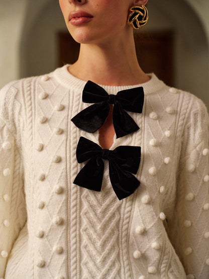 Bow Front Knit Ball-Decor Sweater