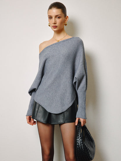 Asymmetrical Neck Leg-Of-Mutton Sleeve Sweater