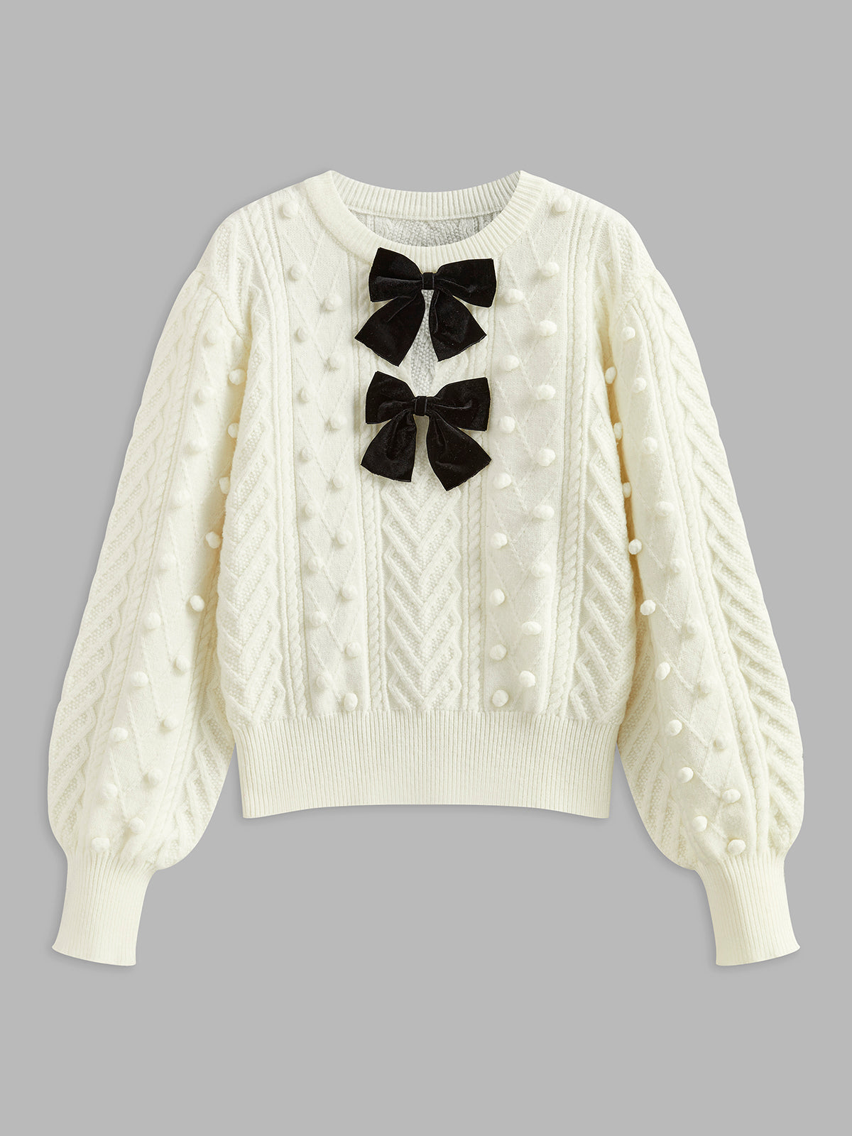 Bow Front Knit Ball-Decor Sweater