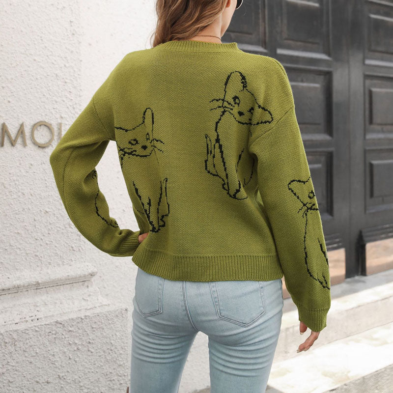 Cat Print Knit Sweater