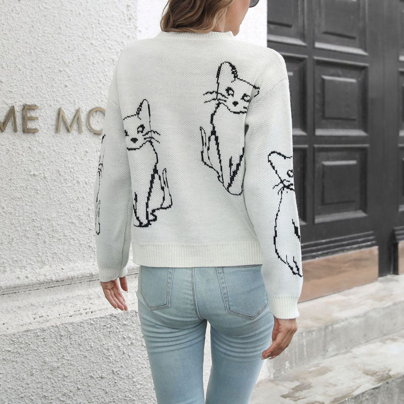 Cat Print Knit Sweater