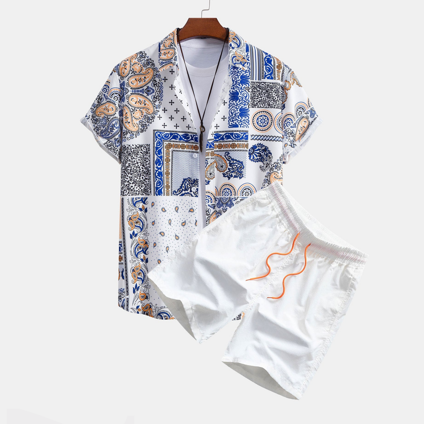 Shirt and Swim Shorts with Paisley Patchwork Print and Buttons