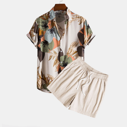 Shirt with Tropical Pattern and Structured Cotton Shorts