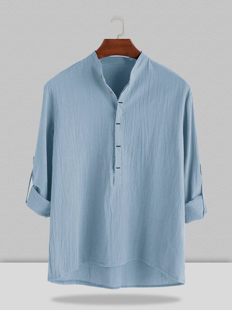 Stand Collar Cotton Linen Style Long Sleeve Shirt