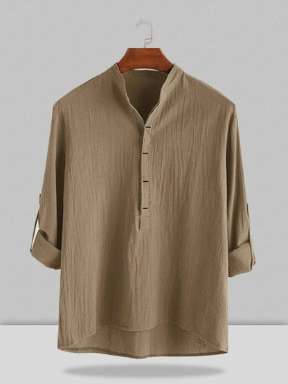 Stand Collar Cotton Linen Style Long Sleeve Shirt