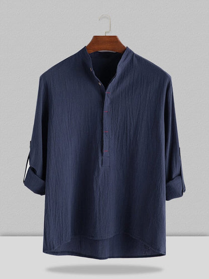 Stand Collar Cotton Linen Style Long Sleeve Shirt