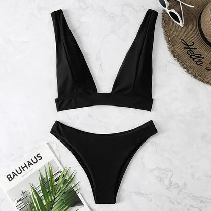 Solid Color 2 Piece Plunge Swimsuit