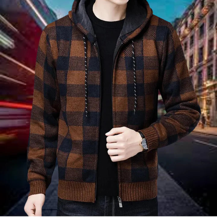 Ubaldo | High-quality cardigan with a checked hood for men