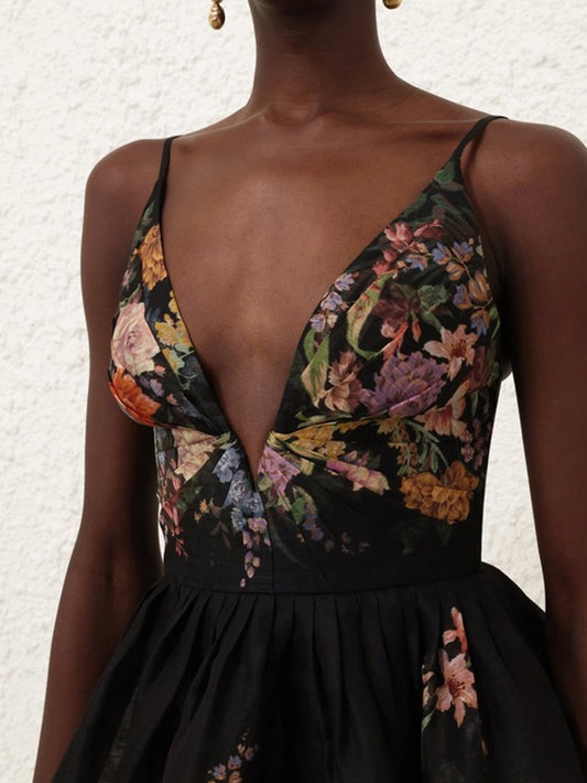 Deep V Floral Print Mini Dress