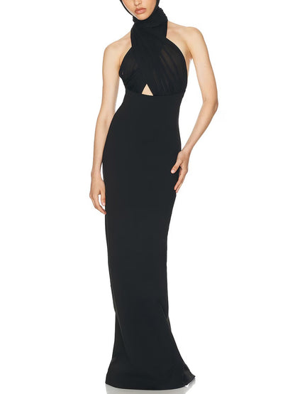 Elegant Halterneck Gown with Sheer Overlay