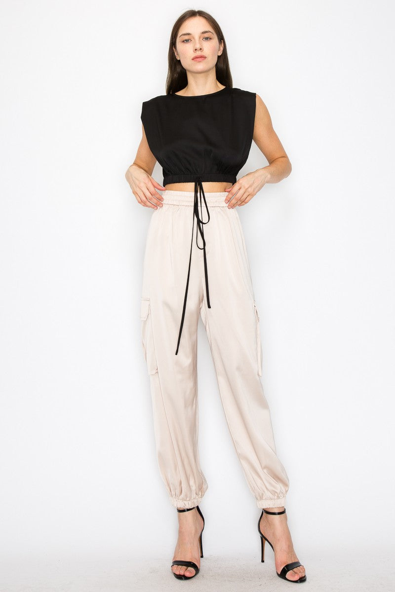 MAVEY SATIN CARGO PANTS