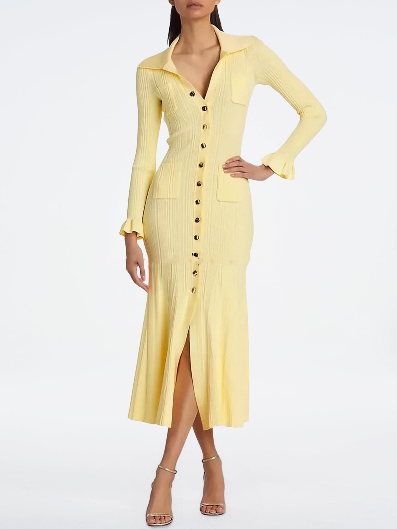 Elegant Ribbed Button-Front Midi Dress