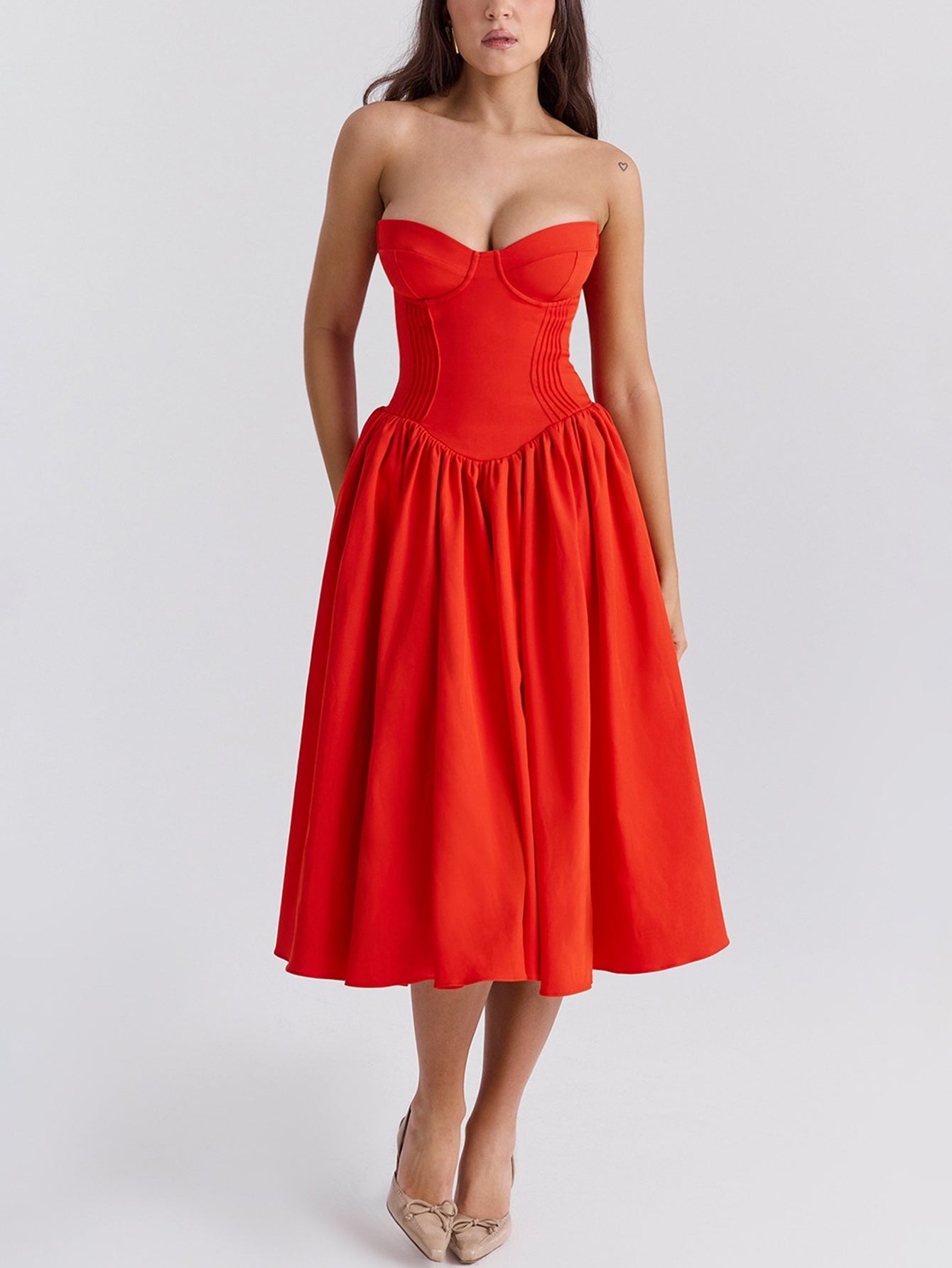 Strapless Pleated Flare Midi Dress