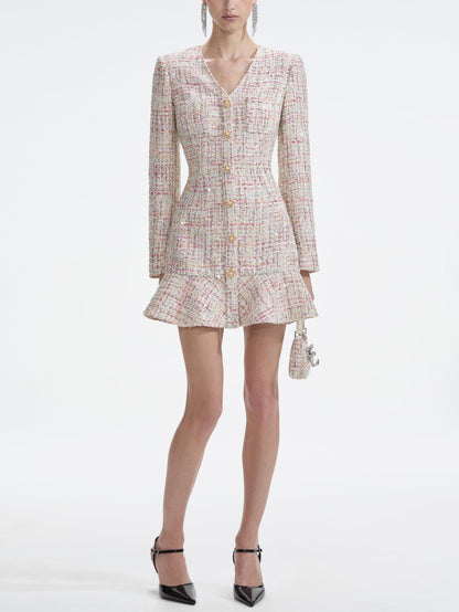 Long-Sleeved Sequined Tweed Mini Dress