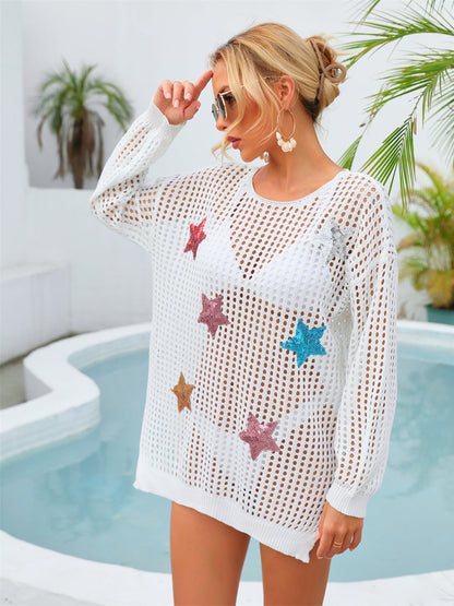 STAR SEQUIN LONG SLEEVE BEACH COVER UP