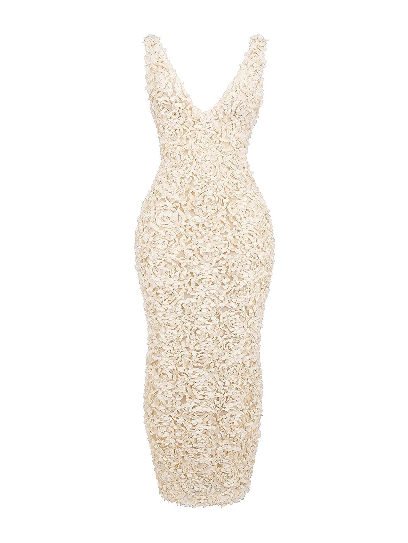 Creme Applique V Neck Sleeveless Maxi Dress