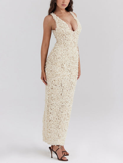 Creme Applique V Neck Sleeveless Maxi Dress