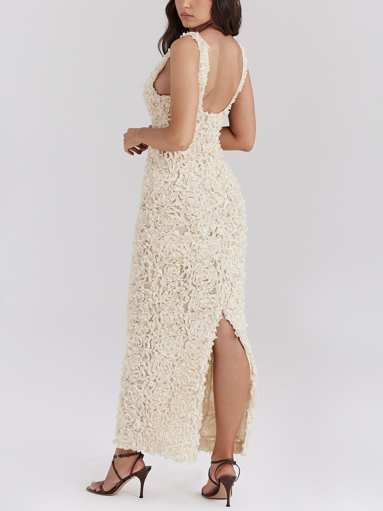 Creme Applique V Neck Sleeveless Maxi Dress