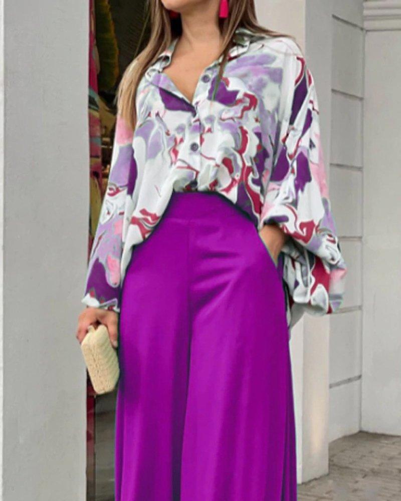 Loose Casual Printed Shirt and Wide-leg Pants Two-piece Set 51096975