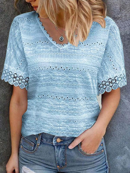 V-neck Lace Patchwork Loose Casual Top