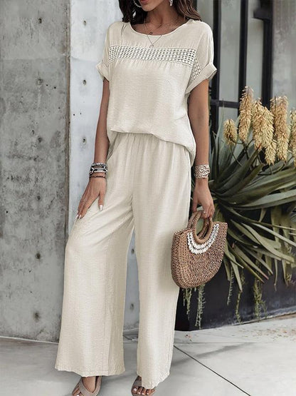 Round Neck Lace Short-sleeved Top and Casual Trousers Set