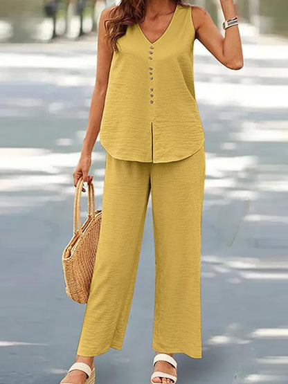 V-neck Casual Solid Color Printed Vest Wide-leg Pants Suit