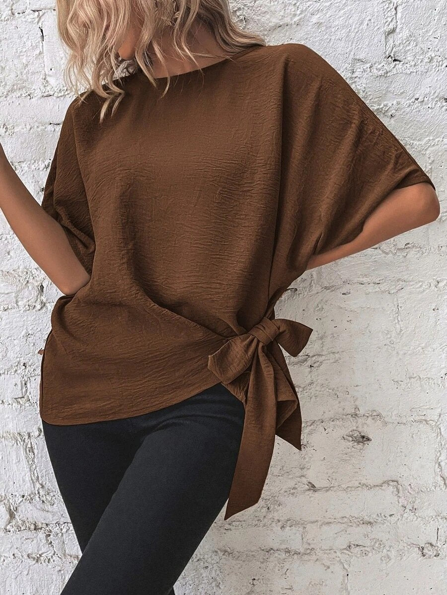 Batwing Sleeves Knotted Hem Plus Blouse