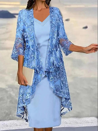 3/4 Sleeve V Neck Lace Cardigan Midi Dress Two-Piece Set